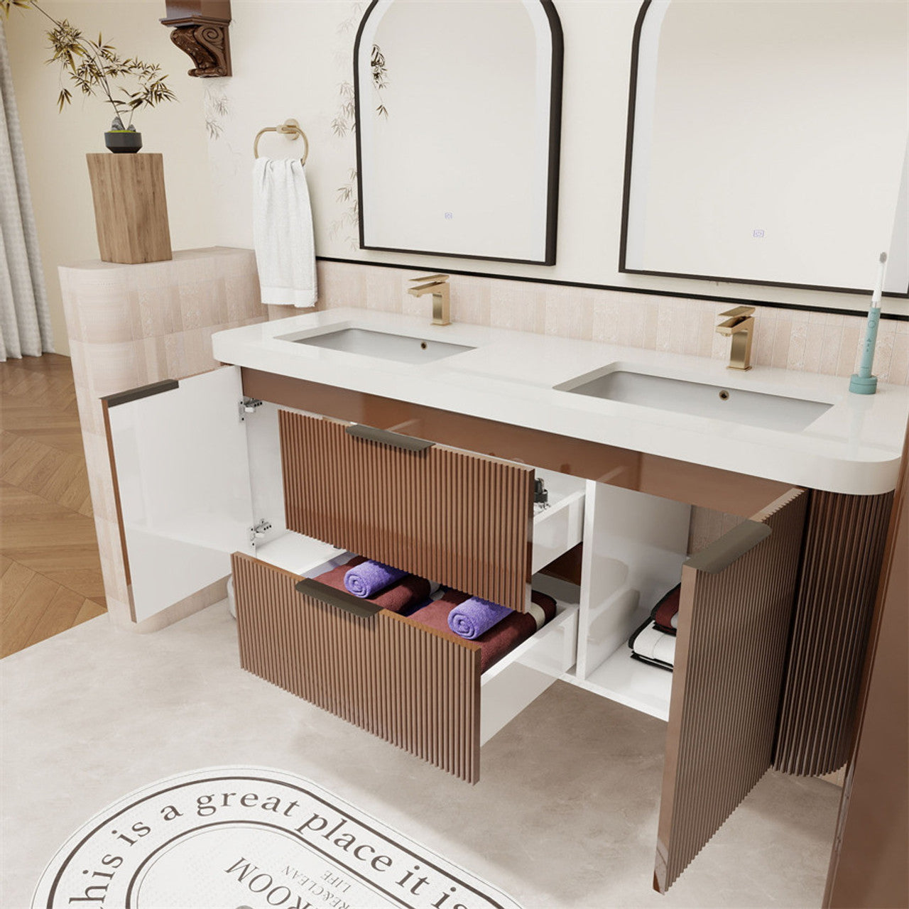 Celine 60" Fluted Floating Bathroom Vanity - Double Sink
