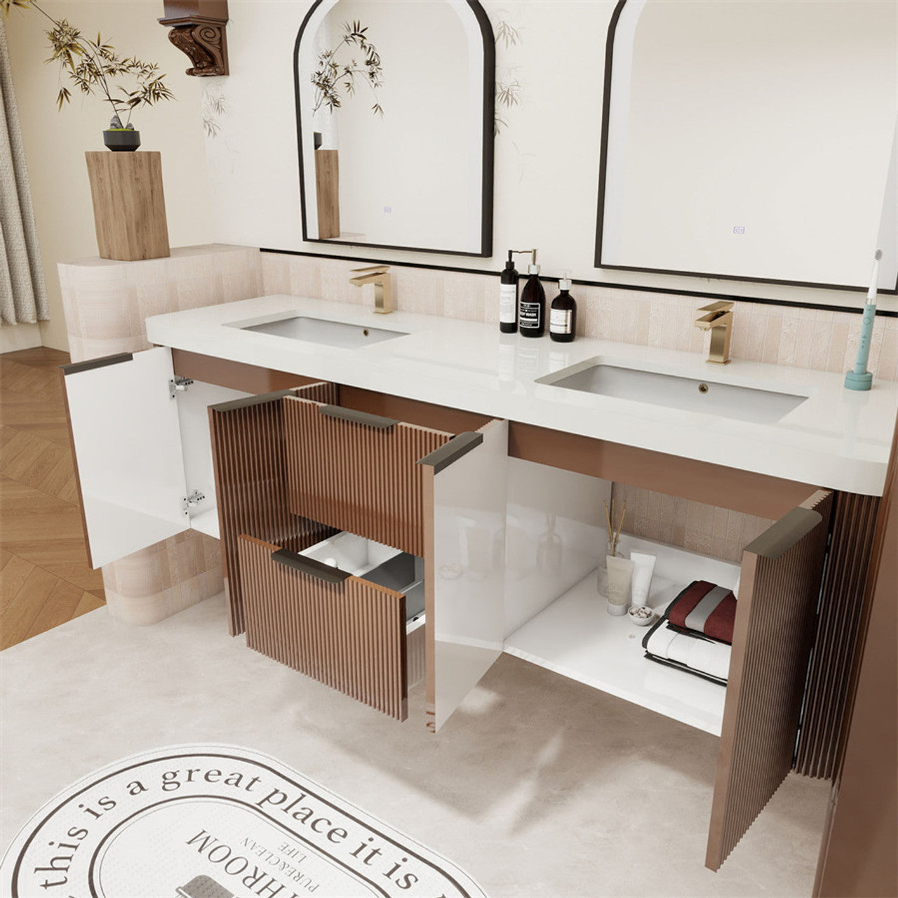 Celine 72" Fluted Floating Bathroom Vanity - Double Sink
